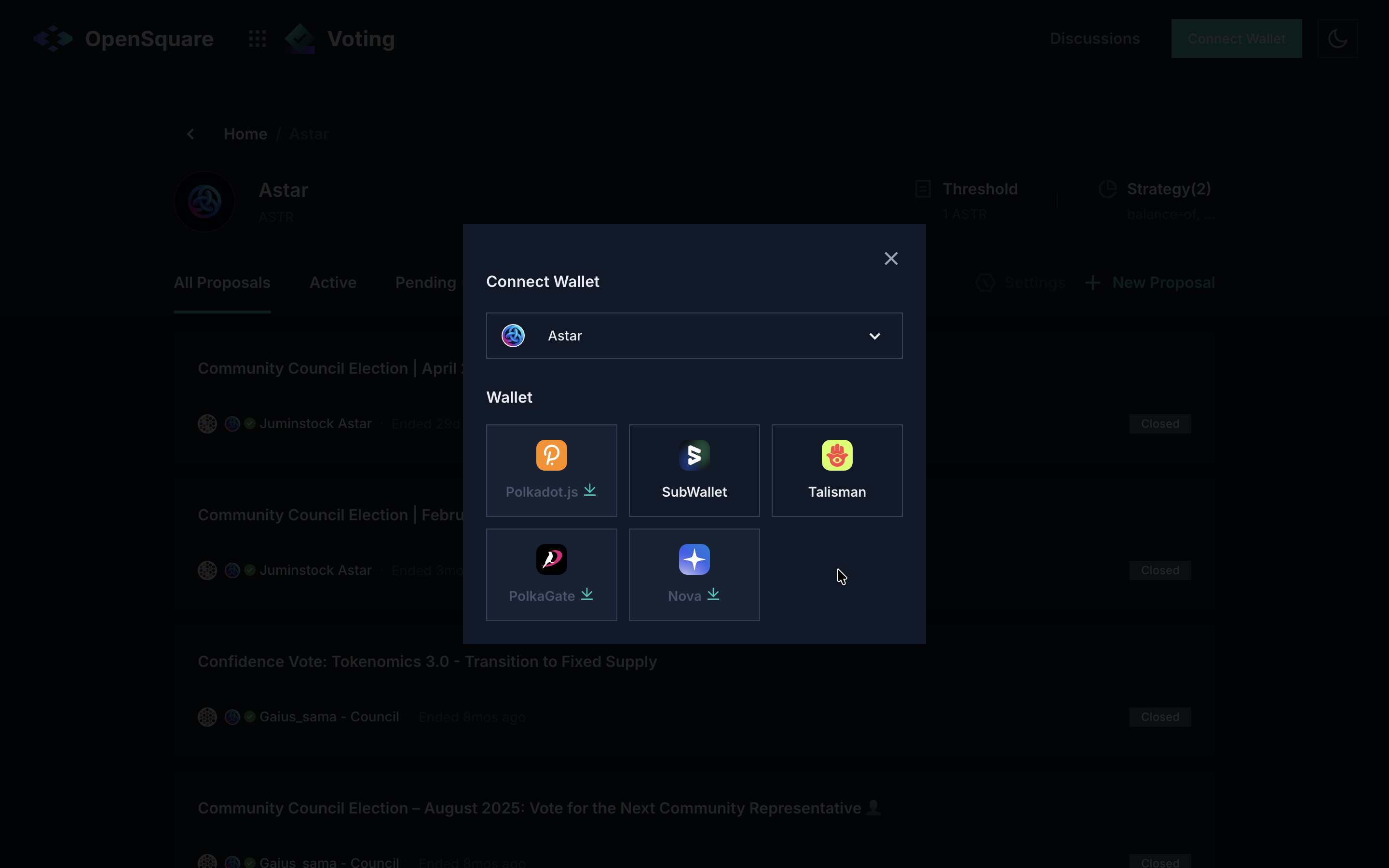 Connect Wallet: network and wallet selection