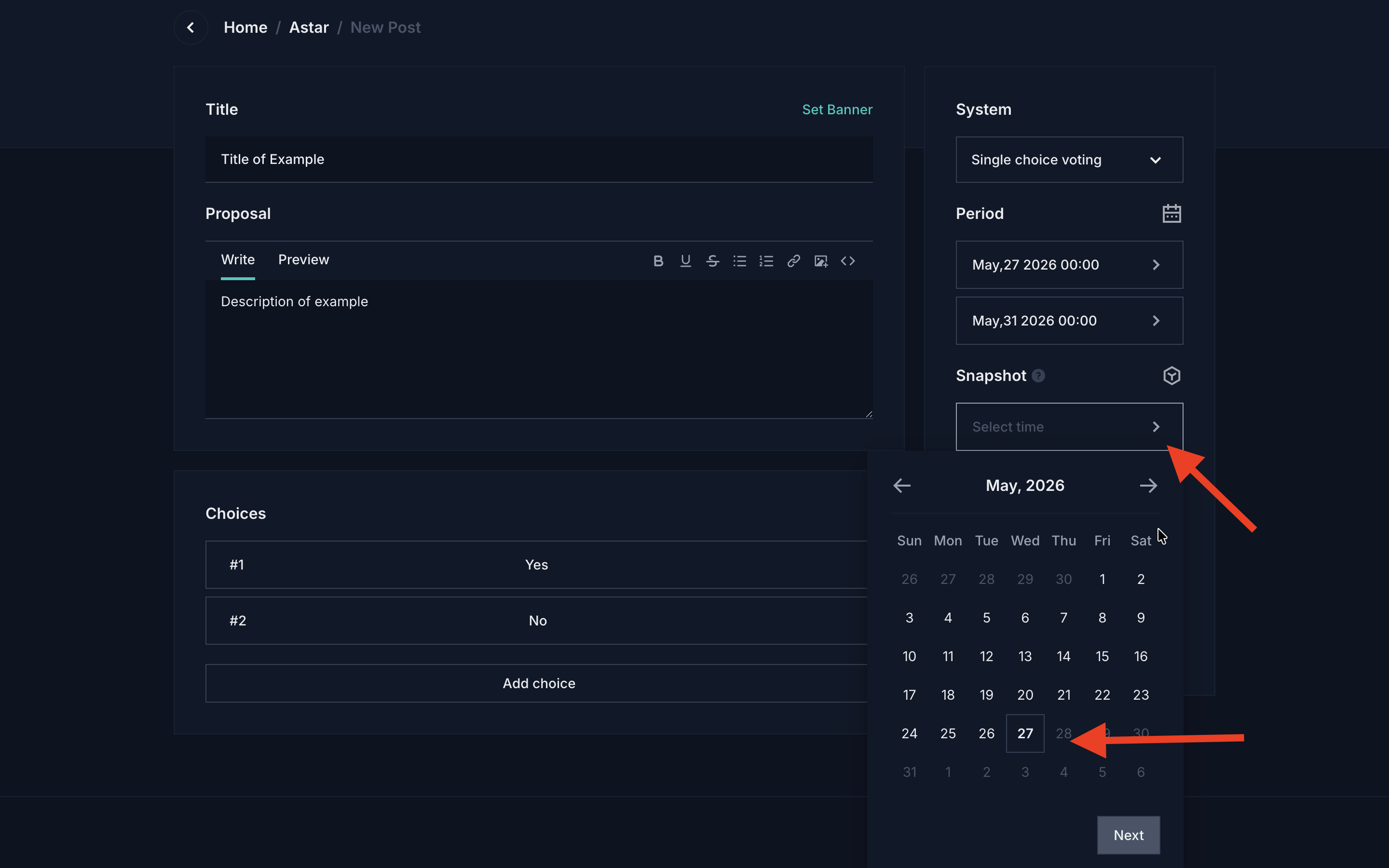 Period and snapshot date selection